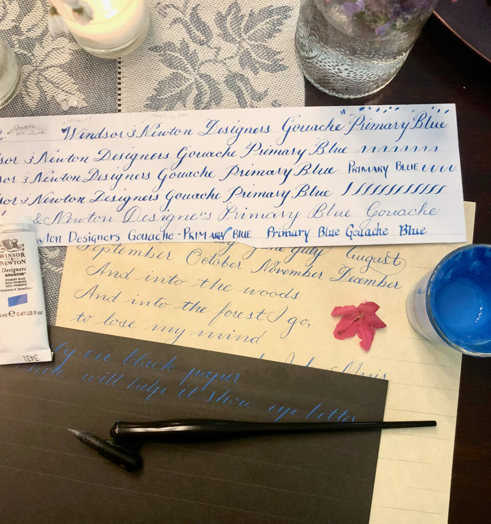 Hand-drawn Copperplate, Spencerian, and block calligraphy on white, ecru, and black paper using Winsor & Newton Designers Gouache in Primary Blue. A tube of the product is shown on the left, a Speedball oblique pen at the bottom, and a bright pink azalea blossom on the right. A small glass with diluted gouache is on the far right.